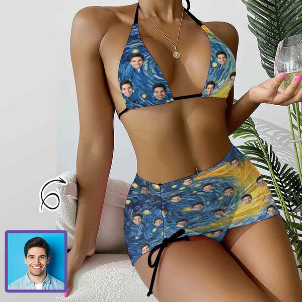 Custom Face Starry Sky Bikini Set For Women 3-Pieces Summer Swimsuit