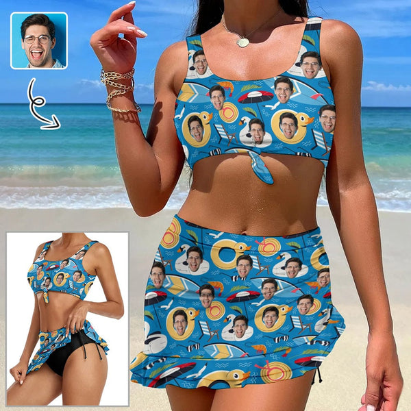 Custom Face Swimming Ring Bikini Set Personalized Drawstring Chest Strap Bikini Skirt