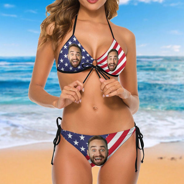Custom Face American Flag Fashion Bikini Personalized Bathing Suit Women's Two Piece Swimsuit Summer Beach Pool Outfits