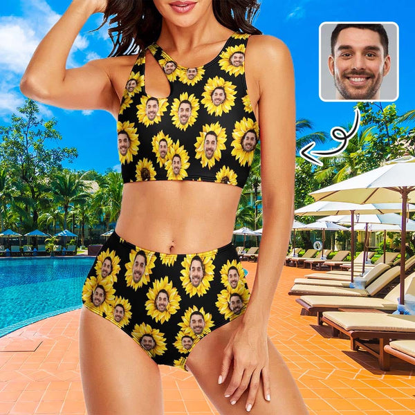 Custom Face Sunflower Cutout Top High Waisted Bikini Two Piece Swimsuit