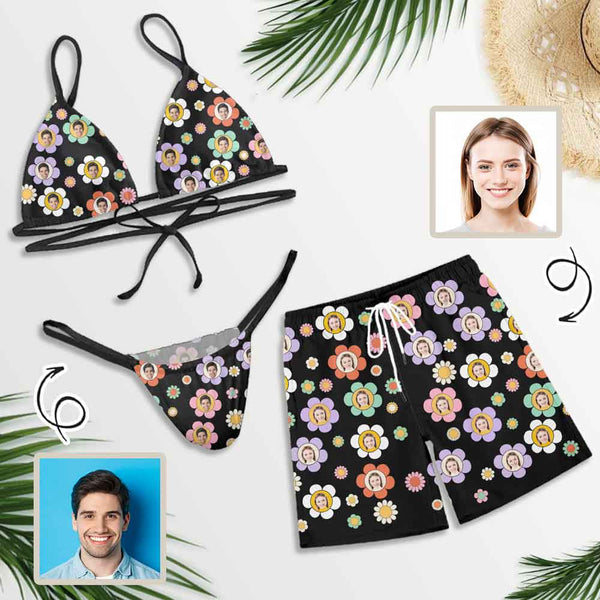 Couple Matching Colorful Flowers Black Swimwear Custom Face Women's Two-Pieces Triangle Bikini Set & Men's Beach Shorts