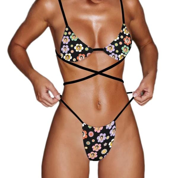 Couple Matching Colorful Flowers Black Swimwear Custom Face Women's Two-Pieces Triangle Bikini Set & Men's Beach Shorts