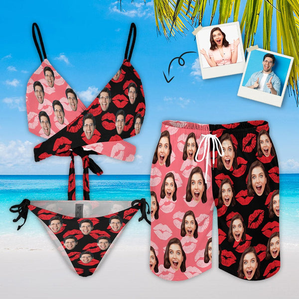 Custom Face Lips Couple Matching Swimwear Personalized Women's Halter Straps Bikini Set & Men's Beach Shorts For Summer Beach Vacation