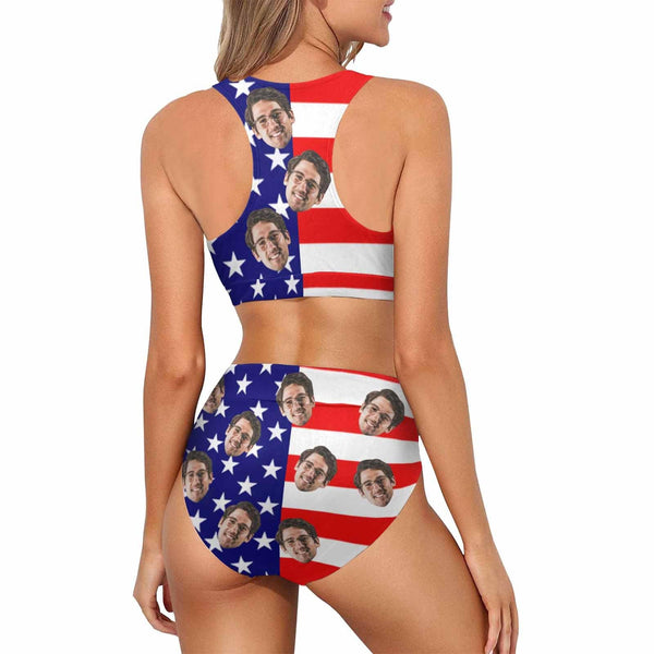 Custom Face American Flag Style High Crew Neck High Waisted Bikini Personalized Women's Two Piece Swimsuit Beach Outfits