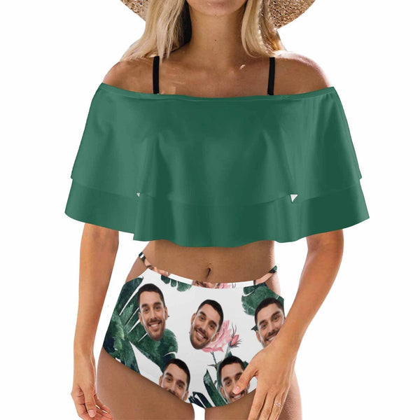 Custom Face Green Leaf Women's Two-Piece Off Shoulder or Sling 2 Ways to Wear Ruffle High Waisted Bikini Set