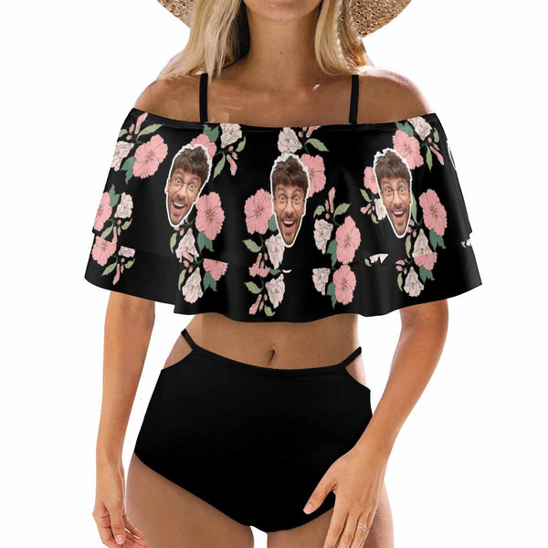 Custom Face Pink And White Flowers Women's Two-Piece Off Shoulder or Sling 2 Ways to Wear Ruffle High Waisted Bikini Set