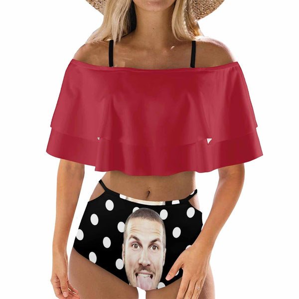 Custom Face Polka Dots Design Red Women's Two-Piece Off Shoulder or Sling 2 Ways to Wear Ruffle High Waisted Bikini Set