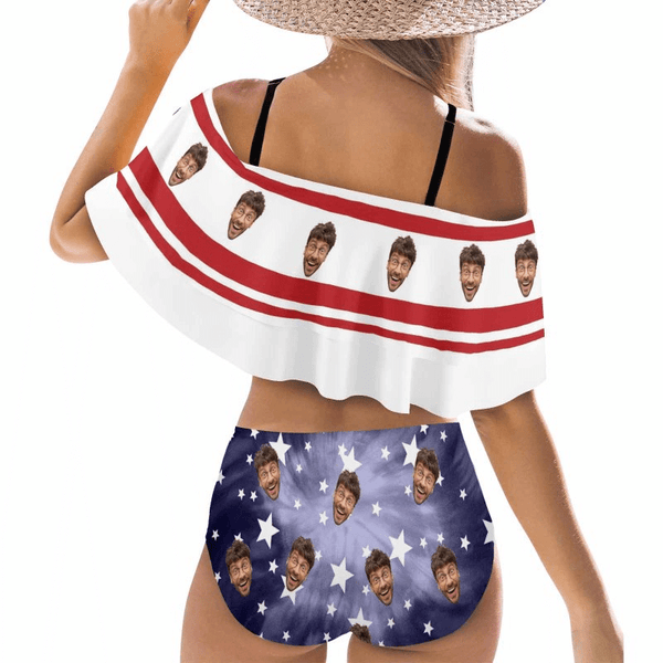 Custom Face Stars White&Blue Women's Two-Piece Off Shoulder or Sling 2 Ways to Wear Ruffle High Waisted Bikini Set