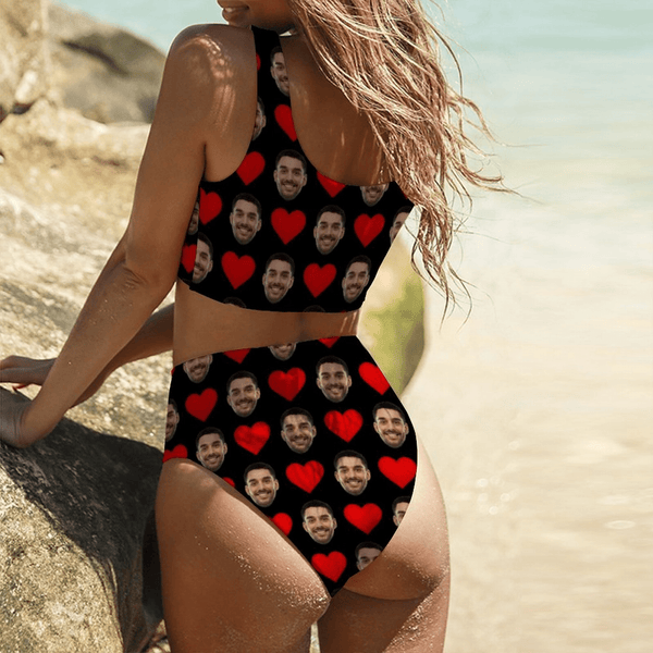 Plus Size Bikini Custom Face Love Heart Personalized Women's Chest Strap Bikini Swimsuit Honeymoons For Her Plus Size Swimwear