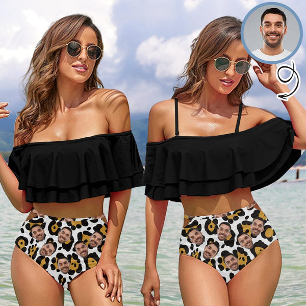 #Plus Size Off Shoulder Bikini-Custom Face Leopard Print Black 2 Ways to Wear Ruffle High Waisted Bikini Set