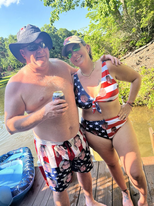 American Flag Bathingsuit #Independence Day#Custom Husband Face American Flag Swimsuit Personalized Bikini & Swim Trunks