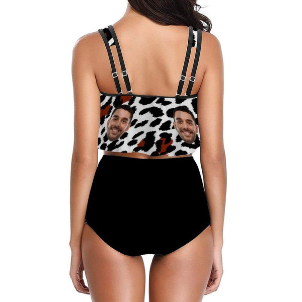 Custom Tankinis Face Sexy Leopard Black Personalized Women's High Waisted Swimsuit Ruffled Top Bathing Suits