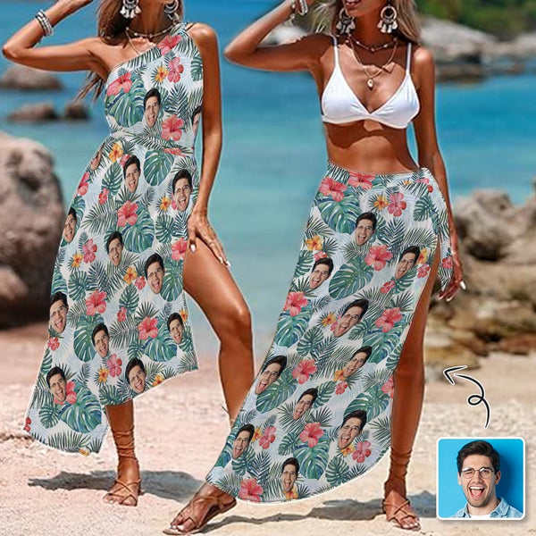 Custom Face Tropical Flowers Leaves Women's Long Cover Up Skirt With Slit Swimsuit Beach Wrap
