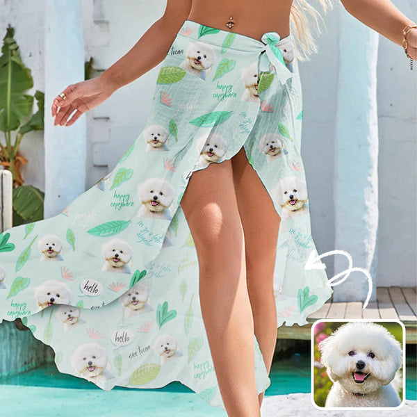 Custom Pet Face Mint Green Long Cover Up Skirt With Slit Swimsuit Beach Wrap For Women For Friends For Lover