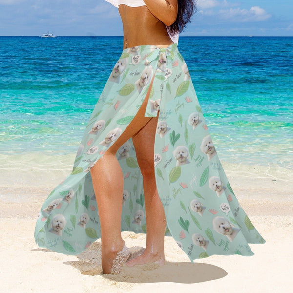Custom Pet Face Mint Green Long Cover Up Skirt With Slit Swimsuit Beach Wrap For Women For Friends For Lover