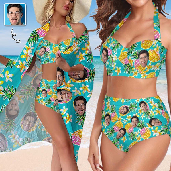 Custom Face Pineapple Women's Bikini Swimsuit Long Short Kimono Chiffon Blouse Set