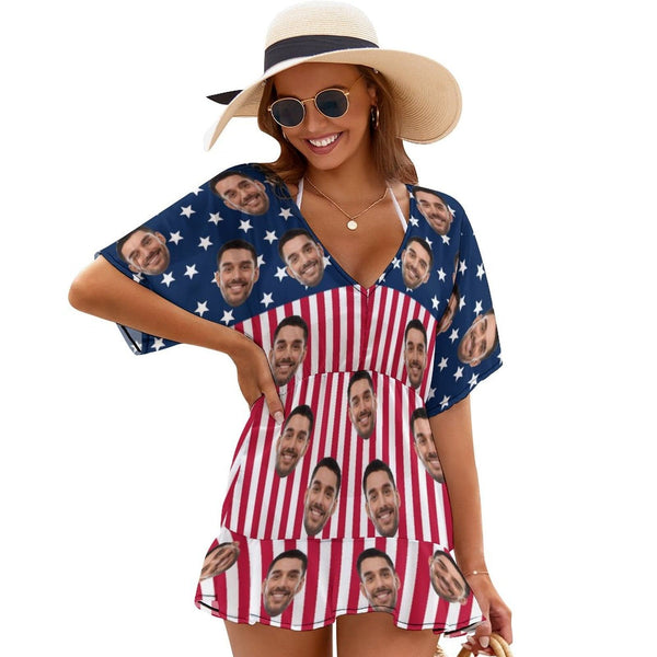 Custom Face American Flag One Piece Cover Up Dress Personalized Women's Short Sleeve Beachwear Coverups