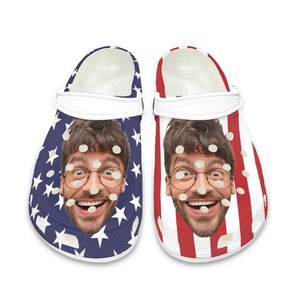 Custom Face American Flag Unisex White Hole Shoes Slides Classic Clogs