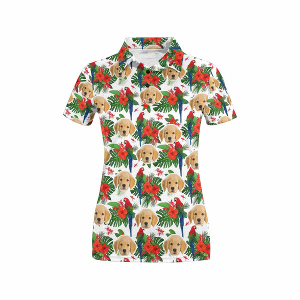 Custom Face Red Flowers Green Leaves Polo Shirt For Women, Personalized Photo Shirt, Customized Women's All Over Print Polo Shirt