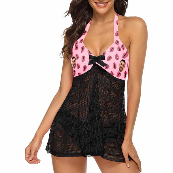 Custom Face Pink Lips Swimsuit Personalized Beach Cover Up Bikini Beachwear Bathing Suit Beach Dress Women's Swimming Dress