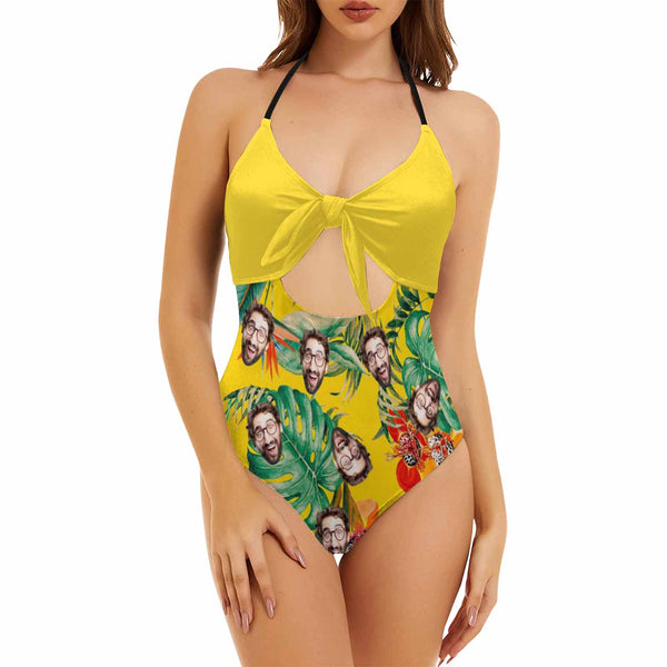 Custom Face Yellow Swimsuit Personalized Women's Backless Bow One Piece Bathing Suit
