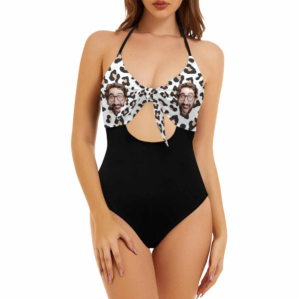 Custom Face Black Leopard Swimsuit Personalized Women's Backless Bow One Piece Bathing Suit