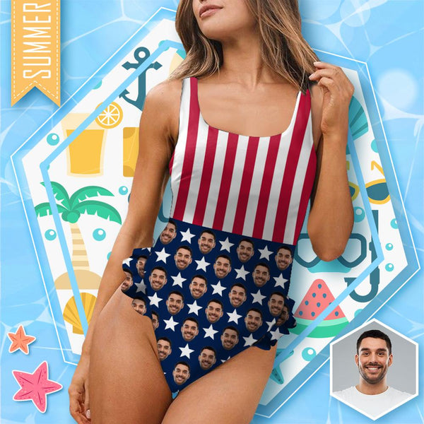 #Flagbathingsuit#Independence Day-Custom Face Stars&Stripes Swimsuit Personalized Women's Ruffle One Piece Bathing Suit Celebrate Holiday