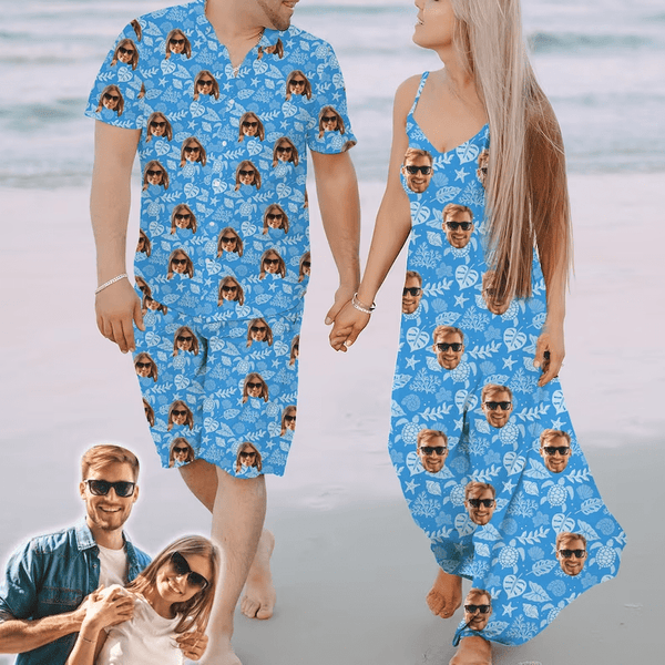 Couple Hawaiian Dress Set Cruise Outfit Custom Face Blue Ocean Hawaiian Shirt Set&Dress