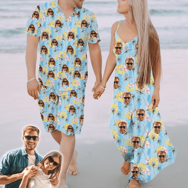 Couple Hawaiian Dress Set Cruise Outfit Custom Face Pineapple Coconut Hawaiian Shirt Set&Dress