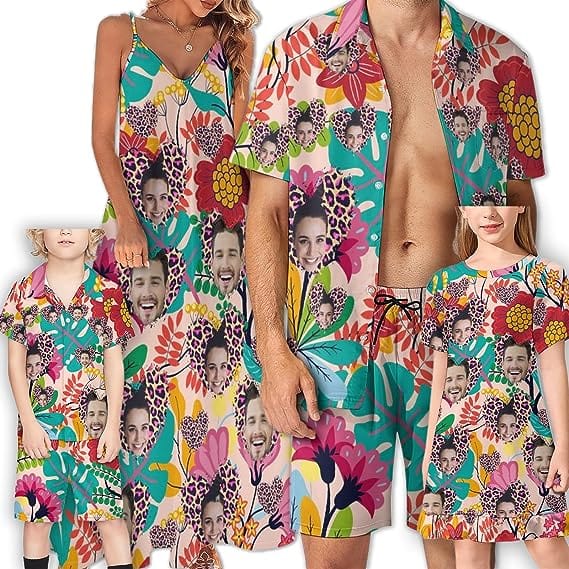 Family Hawaiian Dress Set Cruise Outfit Custom Face Floral Leopard Colorful Hawaiian Shirt Set&Dress