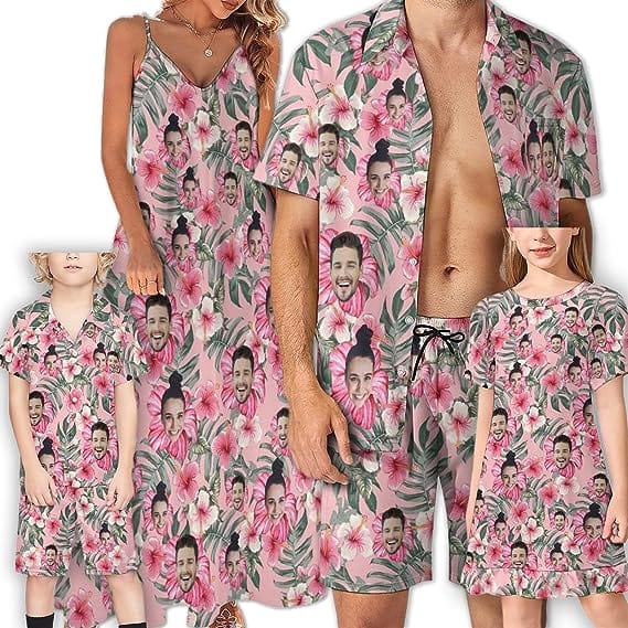 Family Hawaiian Dress Set Cruise Outfit Custom Face Floral Pink Hawaiian Shirt Set&Dress
