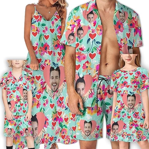 Family Hawaiian Dress Set Cruise Outfit Custom Face Floral Turquoise Hawaiian Shirt Set&Dress