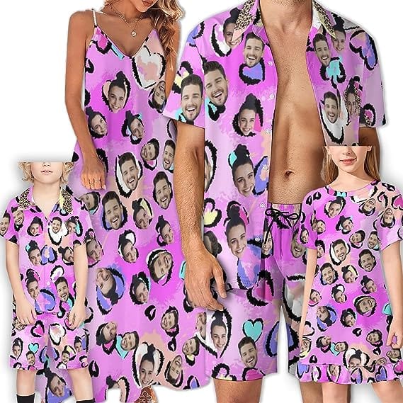 Family Hawaiian Dress Set Cruise Outfit Custom Face Heart Purple Hawaiian Shirt Set&Dress