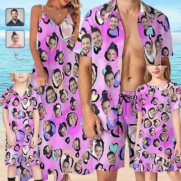Family Hawaiian Dress Set Cruise Outfit Custom Face Heart Purple Hawaiian Shirt Set&Dress