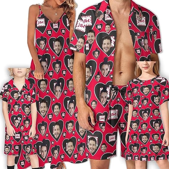 Family Hawaiian Dress Set Cruise Outfit Custom Face Heart Red Hawaiian Shirt Set&Dress