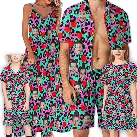 Family Hawaiian Dress Set Cruise Outfit Custom Face Leopard Heart Hawaiian Shirt Set&Dress