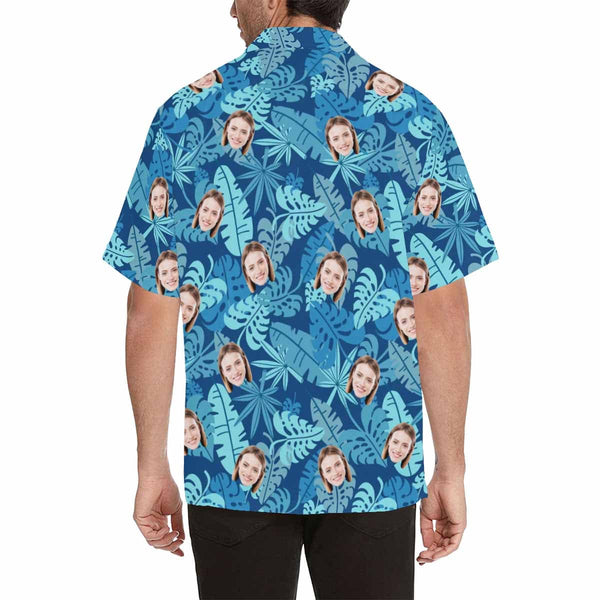 Custom Hawaiian Shirts with Face Blue Leaves Tropical Aloha Shirt Birthday Vacation Party Gift for Husband