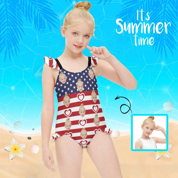 Custom Face American Flag Girls' Swimsuit One Piece Swimwear For Kids 6-12years
