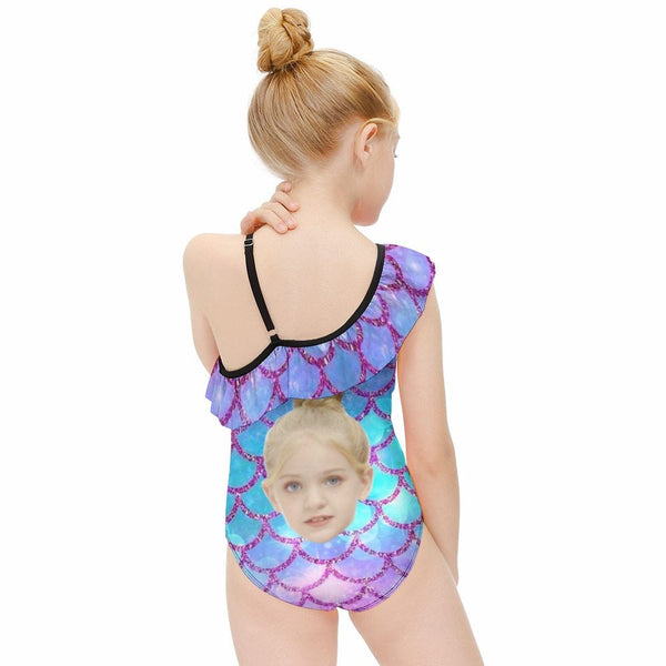 Custom Face Mermaid Kids Floundered One-Piece Swimsuit For Girls All Over Print Beach Swimwear Bathing Suit For Kids 6-12 Years