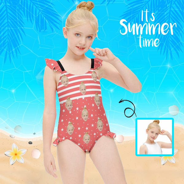 Custom Face Red Stars Girls' Swimsuit One Piece Swimwear For Kids 6-12years