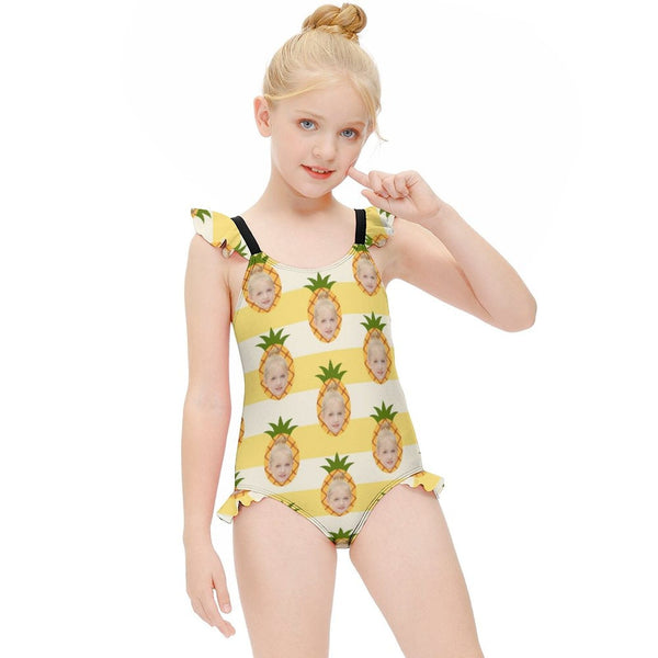 Custom Face Yellow Pineapple Girls' Swimsuit One Piece Swimwear For Kids 6-12years