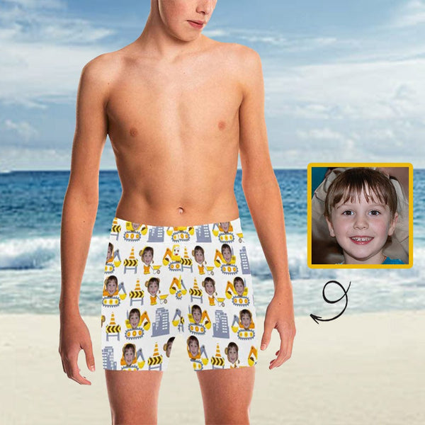 Custom Face Excavator Big Boys' Swimming Trunks Personalized Kids' Swim Shorts Children Swimwear