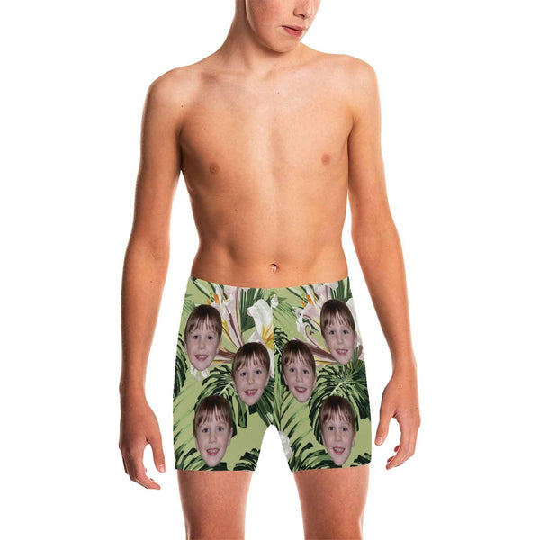 Custom Face Green Flower Big Boys' Swimming Trunks Personalized Kids' Swim Shorts Children Swimwear
