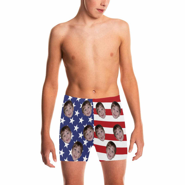 Custom Face US Flag Big Boys' Swimming Trunks Personalized Kids' Swim Shorts Children Swimwear