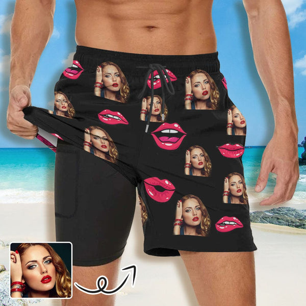 Custom Face Red Lips Men's Quick Dry 2 in 1 Surfing Beach Shorts