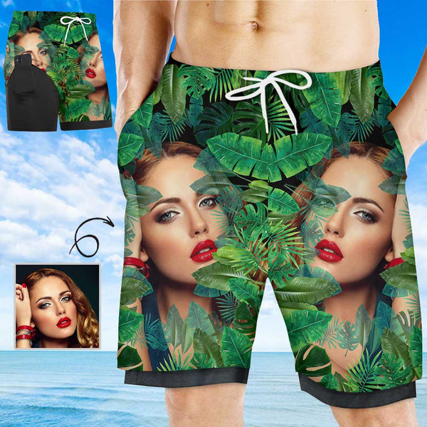 Custom Face Green Plants Men's Quick Dry 2 in 1 Surfing & Beach Shorts