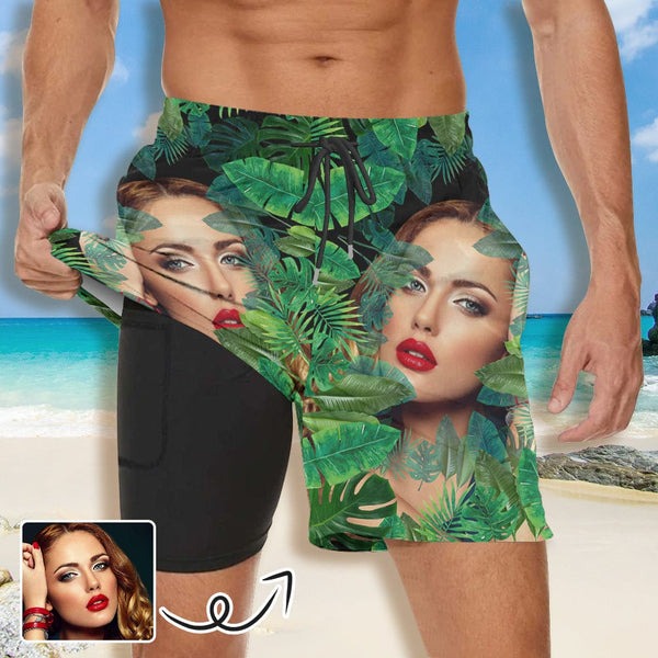 Custom Face Green Plants Men's Quick Dry 2 in 1 Surfing Beach Shorts