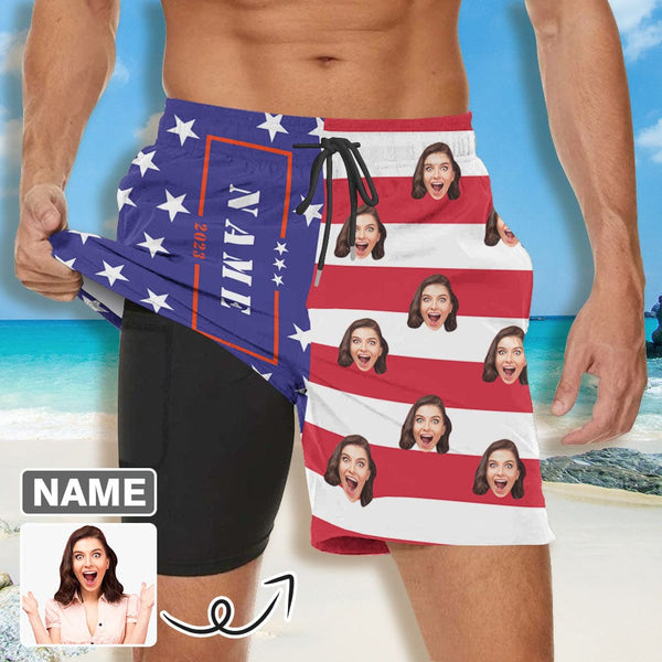 Custom Face&Name US Flag Star Men Quick Dry 2 in 1 Surfing Beach Shorts