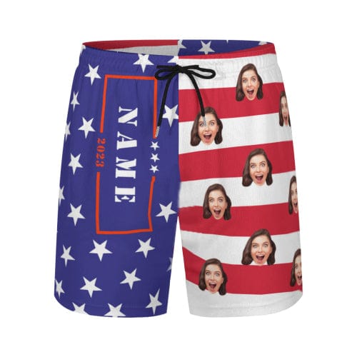 Custom Face&Name US Flag Star Men's Quick Dry 2 in 1 Surfing & Swim Shorts Beach Shorts Male Gym Fitness Shorts