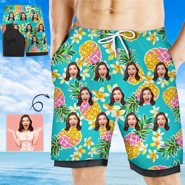Custom Face Pineapple Men's Quick Dry 2 in 1 Surfing & Beach Shorts Male Gym Fitness Shorts